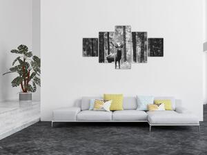 Obraz - Jelen v lese 2, černobílá (125x70 cm)