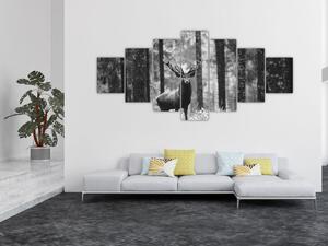 Obraz - Jelen v lese 2, černobílá (210x100 cm)