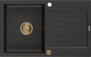 MEXEN - Bruno granitový dřez 1 s odkapávačem 795x495 mm, černá/zlatý metalik, + zlatý sifon 6513791010-75-G