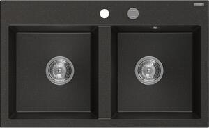 MEXEN - Hektor granitový dřez 2-bowl 800 x 480 mm, černá/zlatá metalik, sifon chrom 6521802000-75