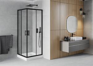 Mexen Rio, čtvercový sprchový kout s posuvnými dveřmi 80 x 80 cm, 5mm čiré sklo, černý profil + bílá vysoká sprchová vanička Rio, 860-080-080-70-00-4510