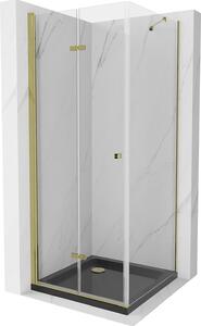 Mexen Lima, sprchový kout 90 (dveře) x 90 (stěna) cm, 6mm čiré sklo, zlatý profil + SLIM sprchová vanička černá 5cm se zlatým sifonem, 856-090-090-01-00-4070