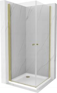 Mexen Pretoria Duo, sprchový kout se 2-křídlými dveřmi 70 (dveře) x 70 (dveře) cm, 6mm čiré sklo, zlatý profil + sprchová vanička, 852-070-070-50-02-4010G