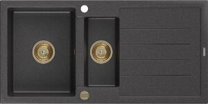 Mexen Andres, granitový dřez 1000x500x200 mm, 1,5-komorový, černá skvrnitá se zlatým sifonem, 6515101510-76-G