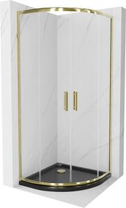 Mexen Rio, čtvrtkruhový sprchový kout s posuvnými dveřmi 80 (dveře) x 80 (dveře) x 190 cm, 5mm čiré sklo, zlatý profil + černá sprchová vanička SLIM, 863-080-080-50-00-4170G
