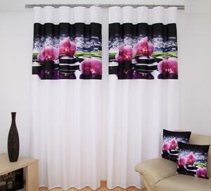Bílá luxusní záclona s černým motivem růžových orchidejí