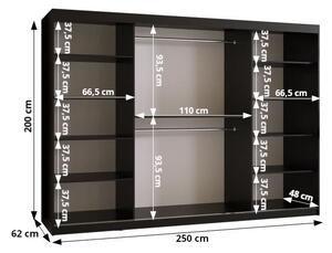 Šatní skříň se zrcadlem RADKIN 2 - šířka 250 cm, černá / bílá