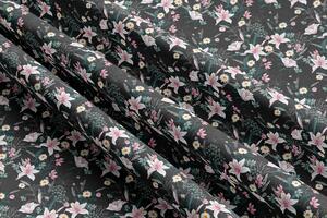 Kočárkovina metráž šíře 160 cm, nepromokavá látka, vzor růžové květy na černé
