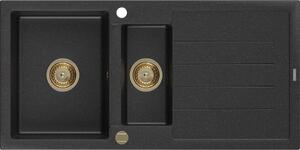 MEXEN/S - Andres granitový dřez s odkapávačem 1000 x 500 mm černá/stříbrná metalik, zlatý sifon 6515101510-73-G