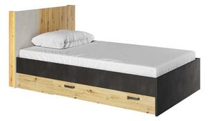 Jednolůžková postel s roštem a šuplíky QUYEN - 90x200, dub artisan / silk / raw steel