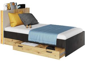 Jednolůžková postel s roštem a šuplíky QUYEN - 120x200, dub artisan / silk / raw steel