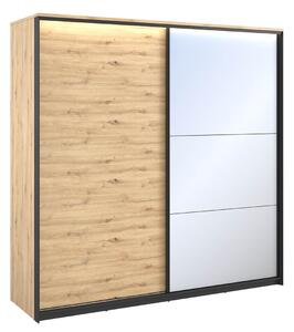 Šatní skříň s posuvnými dveřmi a osvětlením QUINTY - 220 cm, dub artisan / černá