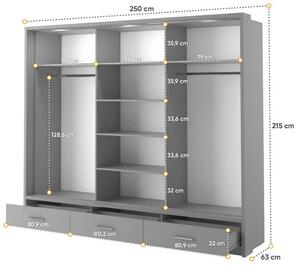 Široká šatní skříň 250 cm MAWELIN 1 - šedá + LED osvětlení ZDARMA