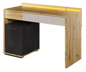 Psací stůl s LED osvětlením QUYEN - dub artisan / silk / raw steel
