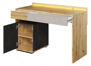 Psací stůl s LED osvětlením QUYEN - dub artisan / silk / raw steel