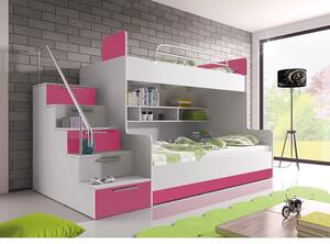 - Dětská patrová postel s matrací 90x200 GORT - bílá / růžová, levé provedení