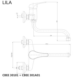 Dřezová nástěnná baterie, Lila, 100 mm, s ramínkem trubkovým ø 18 mm - 200 mm, chrom