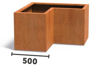 Cortenový rohový květináč tvaru L 1000 x 1000 x 600 mm, šířka ramene 500 mm