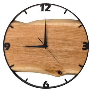 Dřevěné hodiny -50cm, přírodní dřevo - ořech, černý kovový rám (50B21)