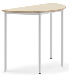 AJ Produkty Stůl SONITUS, půlkruh, 1200x600x900 mm, bílé nohy, HPL deska tlumící hluk, bříza