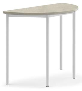 AJ Produkty Stůl SONITUS, půlkruh, 1200x600x900 mm, bílé nohy, deska s linoleem, šedá