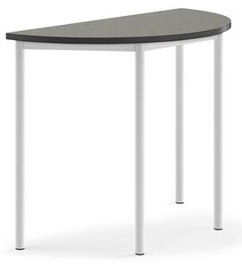 AJ Produkty Stůl SONITUS, půlkruh, 1200x600x900 mm, bílé nohy, deska s linoleem, tmavě šedá
