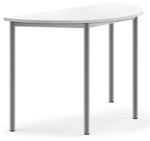 AJ Produkty Stůl BORÅS, půlkruh, 1200x600x760 mm, stříbrné nohy, HPL deska, bílá