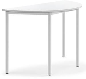AJ Produkty Stůl BORÅS, půlkruh, 1200x600x760 mm, bílé nohy, HPL deska, bílá