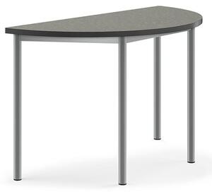 AJ Produkty Stůl SONITUS, půlkruh, 1200x600x720 mm, stříbrné nohy, deska s linoleem, tmavě šedá