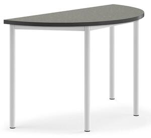 AJ Produkty Stůl SONITUS, půlkruh, 1200x600x720 mm, bílé nohy, deska s linoleem, tmavě šedá