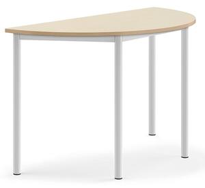 AJ Produkty Stůl BORÅS, půlkruh, 1200x600x720 mm, bílé nohy, HPL deska, bříza