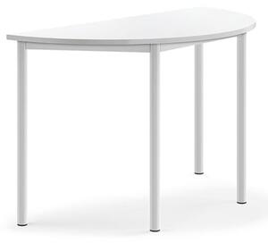 AJ Produkty Stůl BORÅS, půlkruh, 1200x600x720 mm, bílé nohy, HPL deska, bílá