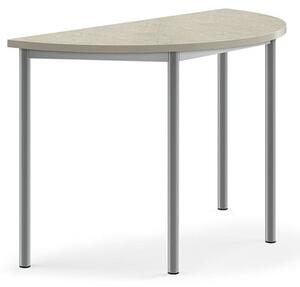 AJ Produkty Stůl SONITUS, půlkruh, 1200x600x760 mm, stříbrné nohy, deska s linoleem, šedá