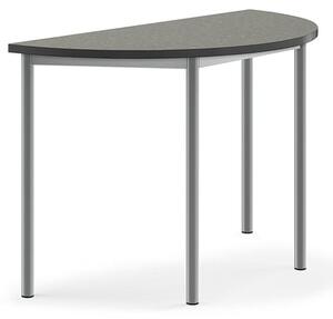 AJ Produkty Stůl SONITUS, půlkruh, 1200x600x760 mm, stříbrné nohy, deska s linoleem, tmavě šedá