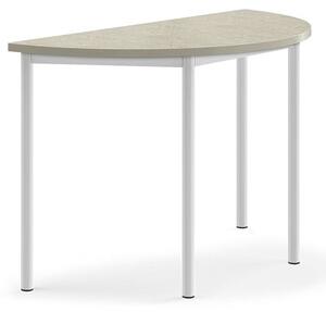 AJ Produkty Stůl SONITUS, půlkruh, 1200x600x760 mm, bílé nohy, deska s linoleem, šedá