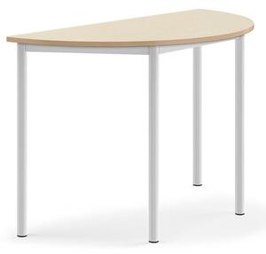 AJ Produkty Stůl BORÅS, půlkruh, 1200x600x760 mm, bílé nohy, HPL deska, bříza