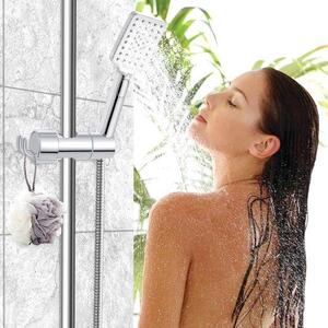 Ibenzoa® Nastavitelný držák ruční sprchy – otočný o 360°, chromovaný vzhled, ABS s silikonovými podložkami, vhodný pro průměry 16–27 mm, základna 19–22 mm, s možností nastavení výšky