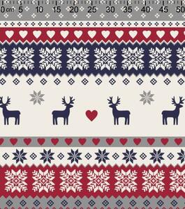 Bavlna tisk - Vánoční bordura jelen se srdcem červeno modrá (Metráž 100% velikost vzoru 60 x 160 cm)