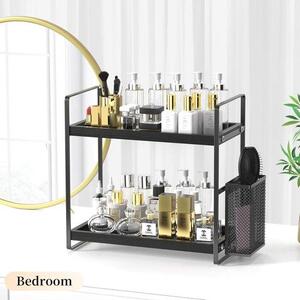 Organizér do interiéru Ibenzoa® se boční přihrádkou – úložný prostor pro hřebeny, štětce na make-up, zubní kartáčky a příbory, černý, dřevo/kov, vhodný do koupelny, kuchyně a na toaletní stolek