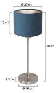 Mexlite Stolní lampa Noor, ocel/modrý velur, výška 50 cm, E27, Hliník / šedá / zinek, Obývací pokoj / jídelna, kov