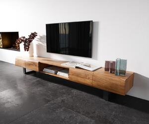 DELIFE TV stolek New Live-Edge 240 cm akácie přírodní 4 dvířka 1 přihrádka kovová tenká podnož černá