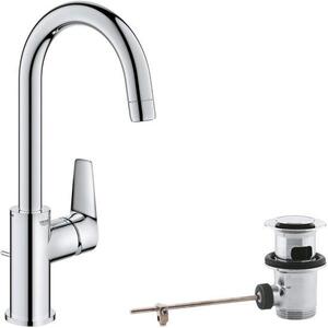 Ibenzoa® Úsporná vysoká umyvadlová baterie, 31 cm, chrom, otočná výtoková trubice, zátková výpusť, rychlá instalace QuickFix, včetně jednopákové sprchové baterie a sprchové hlavice (2 proudové režimy)