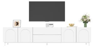 TV stolek se čtyřmi dvířky a dvěma zásuvkami, korpus z laminované dřevotřísky a MDF, nožky z ocelových trubek, moderní televizní stolek do obývacího pokoje s oblými dvířky, barva: bílá
