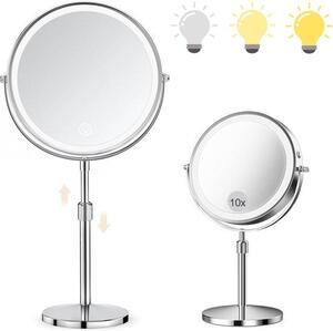 QuickShopping - Dobíjecí zrcadlo 20 cm s osvětlením - 10X/1x zvětšovací, 3 barvy nekonečně stmívatelné, 360° otáčení, výška nastavitelné a