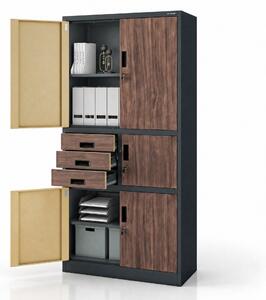 Kovová kancelářská skříň se sejfem antracitová, ořech, 900x1850x400 mm: FILIP II Eco Design