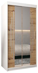 Šatní skříň s posuvnými dveřmi a dvoudílným zrcadlem YORK1 - 100x200cm -Bílá-Dub Artisan-