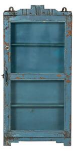 Prosklená skříňka z teakového dřeva, šedo-modrá patina, 45x15x93cm