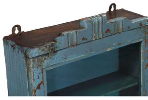 Prosklená skříňka z teakového dřeva, šedo-modrá patina, 45x15x93cm