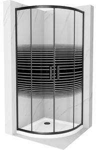 Mexen Rio, čtvrtkruhový sprchový kout s posuvnými dveřmi 80 (dveře) x 80 (dveře) x 190 cm, 5mm čiré sklo s pásky, černý profil + bílá sprchová vanička SLIM, 863-080-080-70-20-4110B