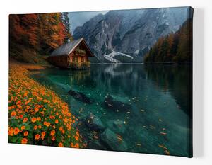 Obraz na plátně - Rozkvetlá louka u jezera s chatou FeelHappy.cz Velikost obrazu: 40 x 30 cm